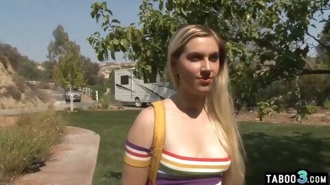 Hairy blonde teen with small tits Niki Snow fucked outdoors by her dad