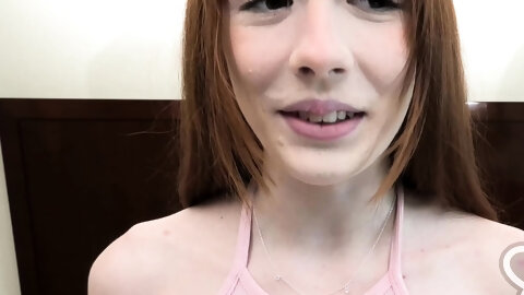 This petite redhead teen with perfect tiny tits sucks cock